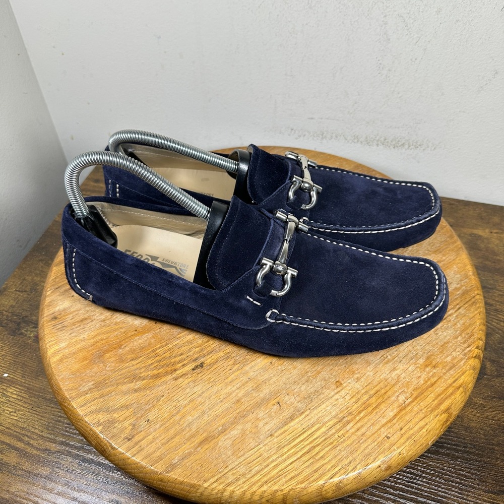 Salvatore Ferragamo Navy Blue Suede Gancini Bit Driving Loafers MS 20137 8 D